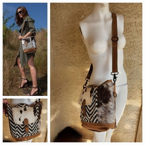 MYRA BAG  Canvas & Cowhide Pocket Shoulder - Picture 1 of 10